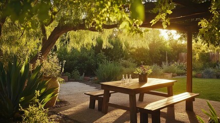 Fototapeta premium Serene Outdoor Dining Area Under a Canopy of Green