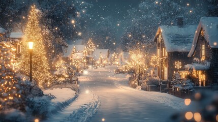The ultra realistic movie style snow Christmas town street scene captures the warm Christmas tree and dazzling holiday lights, creating a peaceful festive atmosphere