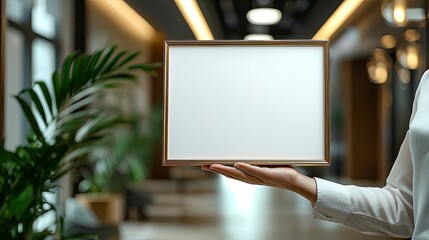 Blank frame held in hand with modern interior background