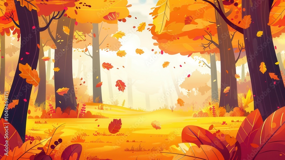Poster the forest is alive with vibrant fall colors, as leaves gently fall from trees, creating a warm and 