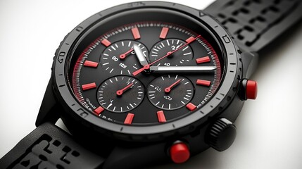 Black and red sports watch on display with detailed chronograph features