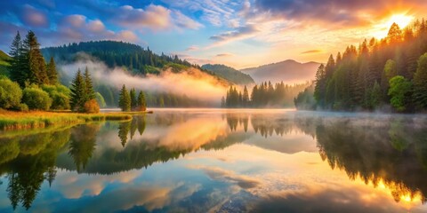 Obraz premium A serene mountain lake reflecting the fiery colors of a sunrise, with wispy clouds floating above the peaks and mist rising from the water