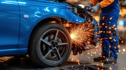 Skilled technician performs precision repairs on a blue car igniting sparks during the process