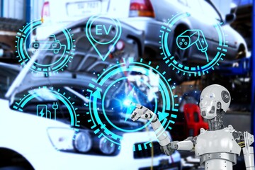 A robot is pointing at a car with a sticker that says EV. The robot is surrounded by a circle of icons that represent different car parts and features. Concept of a futuristic