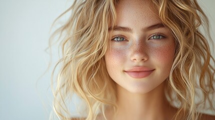 Fototapeta premium Young woman with wavy hair and freckles smiling softly at the camera