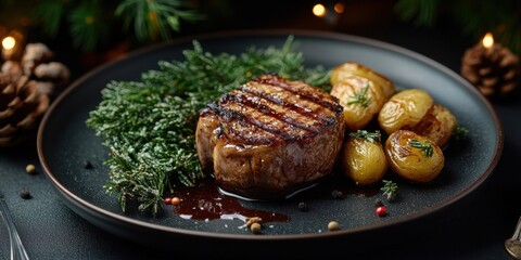 Fototapeta premium a plate of food with meat and potatoes