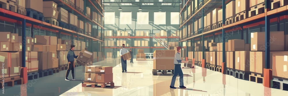 Fototapete Warehouse workers are actively transporting boxes and pallets while surrounded by rows of stocked shelves during daytime activities. Generative AI