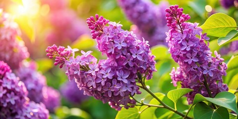 Obraz premium A close-up view of a lilac bush in bloom, captured in the soft light of the setting sun, revealing a vibrant tapestry of delicate purple blossoms and lush green foliage.
