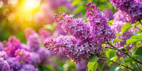 Obraz premium Lilac blossoms bathed in sunlight, delicate petals and lush leaves create a vibrant tapestry of spring beauty