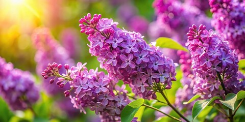 Obraz premium A vibrant cluster of lilac blossoms bathed in warm sunlight, showcasing delicate purple petals and a soft green foliage background