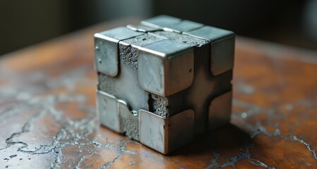 A metallic, weathered puzzle cube resting on a surface, evoking themes of mystery, intelligence, and challenge.