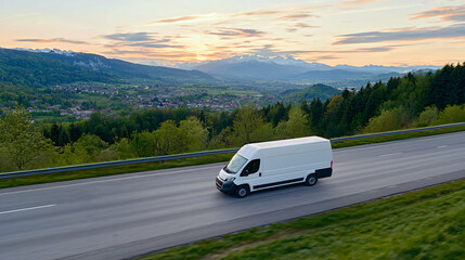 Obraz premium delivery van speeding down highway at sunset, surrounded by scenic mountains