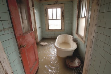 A bathroom with a red door and a white bathtub filled with water