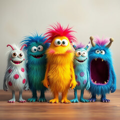 Fototapeta premium funny cartoon zombie with horns two owls monsters 