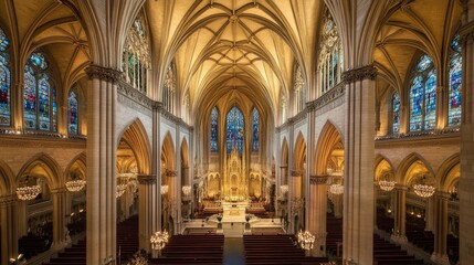 Majestic Interior of Gothic Cathedral with Stained Glass