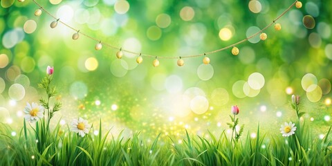 Obraz premium Golden orbs strung amidst a lush green meadow, with delicate daisies and vibrant blooms, creating a vibrant spring backdrop.