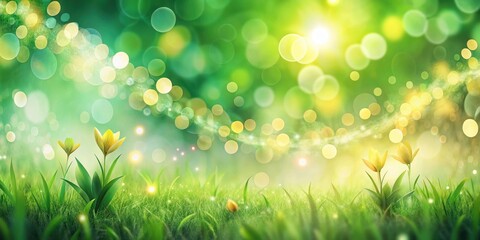 Obraz premium A whimsical springtime scene with delicate yellow flowers blooming amidst lush green grass, adorned with a shimmering trail of light and a soft, sun-drenched bokeh background.