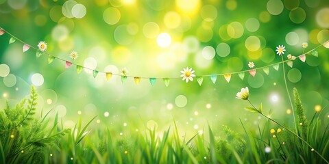 Obraz premium A whimsical scene of green grass, tiny white flowers, and colorful bunting strung across a dreamy, bokeh-filled background.
