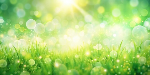 Obraz premium A Vibrant Green Field Basking in the Warm Glow of a Sunlit Sky, Adorned with Sparkling Lights and Dreamy Bokeh Effects