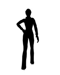 Silhouette of a girl in trousers, shirt and glasses. The girl stands with one leg forward and one hand on her hip. Vector illustration.