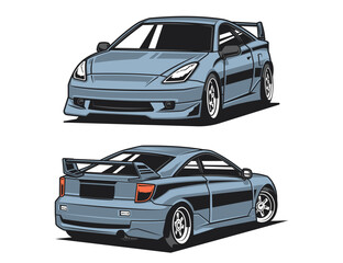front and back view of 90s car vector design in blue tone illustration graphic