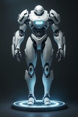 A futuristic 3D rendering of a sleek, robotic character with glowing blue accents. Perfect for sci-fi and technology-themed designs.