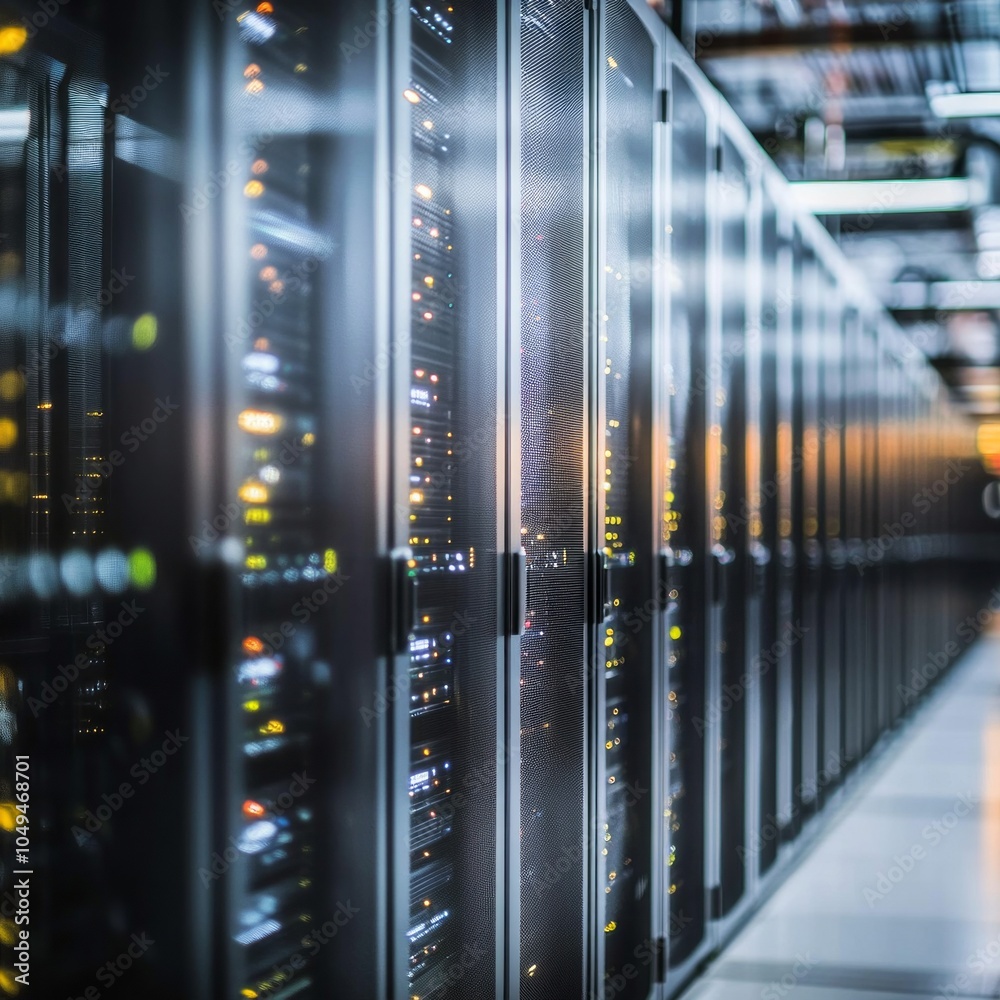 Poster A row of computer servers with a yellow light on them