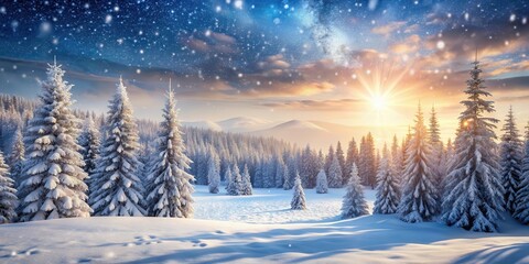 Fototapeta premium A breathtaking winter landscape with snow-covered trees and a golden sunrise casting long shadows on the pristine white snow.