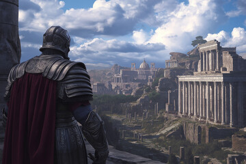 Roman Legionnaire in Segmented Armor Stands with Sword and Shield: A Fearsome Defender of the Empire