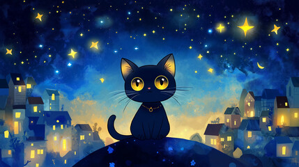 A cute cat sitting and observing the twinkling stars in the night sky.