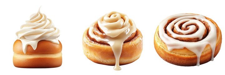 Delicious cinnamon rolls with creamy frosting, collection, clipart, isolated on transparent background.