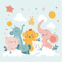 Fototapeta premium A group of cartoon animals are gathered together, including a bear, a monkey