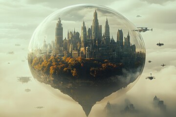 Obraz premium A city is floating in the sky with a giant bubble around it