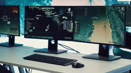 Fototapeta premium Empty military drone control monitoring room equipped with a big screen, satellite radar footage running surveillance system. National armed forces headquarters with high tech.