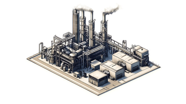recommend clip art: Detailed industrial complex with smokestacks and storage units