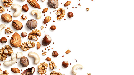 Obraz premium Assorted nuts scattered on a white background