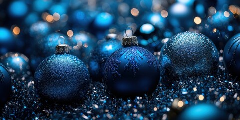 a group of blue christmas balls on a table
