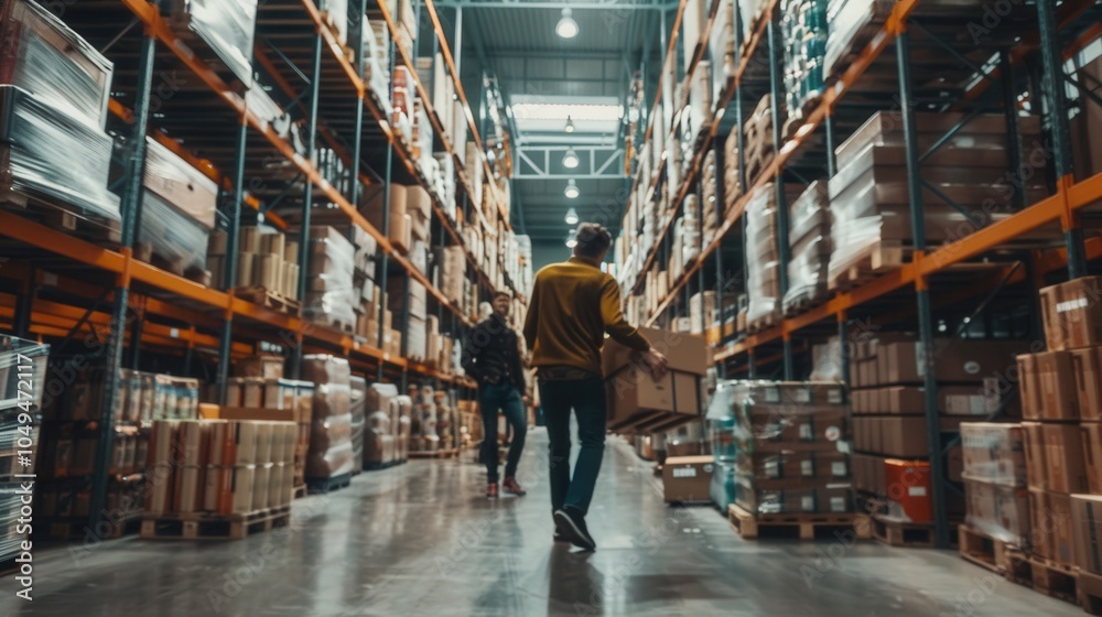 Poster two workers carry boxes and navigate aisles in a bustling warehouse stacked with various goods on pa