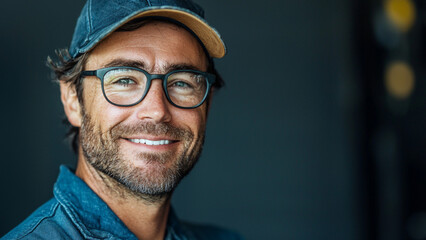 Obraz premium Caucasian Man Factory Worker - smiling man, male portrait, casual style, glasses, hat, beard, cheerful expression, studio shot, confident smile, happy face, adult male