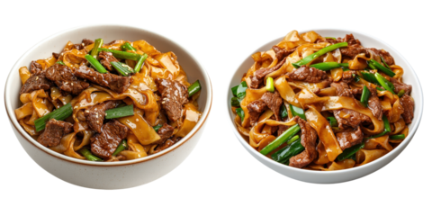 Delicious beef chow fun with noodles, collection, clipart, isolated on transparent background.