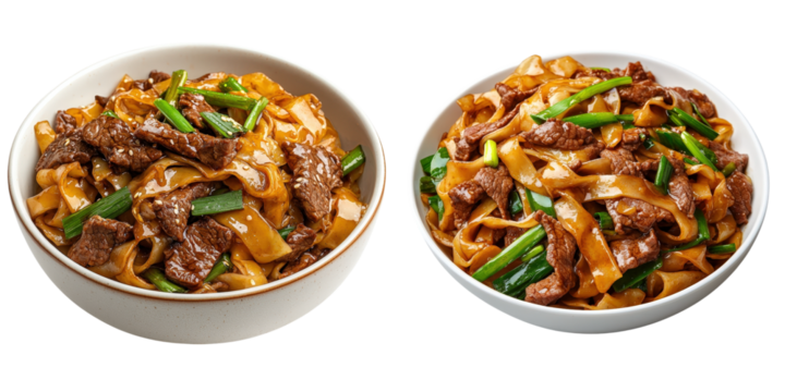 Delicious beef chow fun with noodles, collection, clipart, isolated on transparent background.