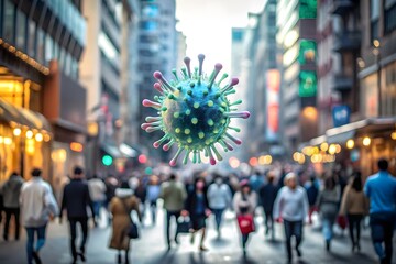 Fototapeta premium Virus float in crowded city street. Airborne disease infection