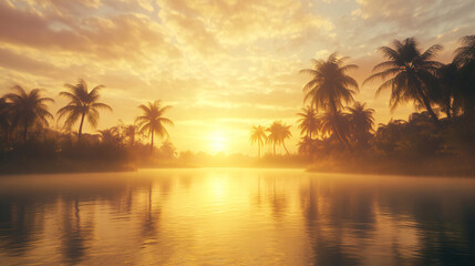A Serene Tropical Landscape at Sunset, Showcasing a Calm River Reflecting Golden Hues of the Sky, Silhouetted Palm Trees Lining the Riverbank, and Soft Mist Rising from the Water