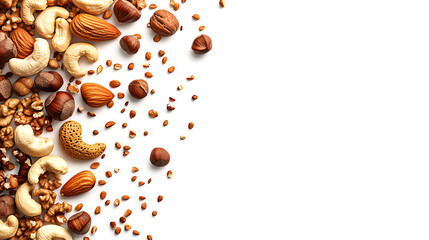 Obraz premium Assorted nuts and seeds on a white background