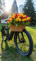 Fototapeta premium A black electric bicycle with a wicker basket full of red and yellow tulips, parked in a grassy yard with a white house and green trees in the background. The sun is shining brightly in the sky.