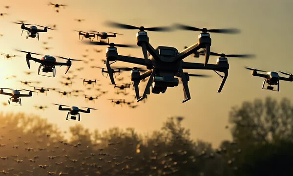 A swarm of drones flying in the sunset, showcasing advanced technology and aerial capabilities.