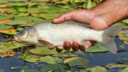Anglers delight catching and releasing a beautiful carp from lush waters