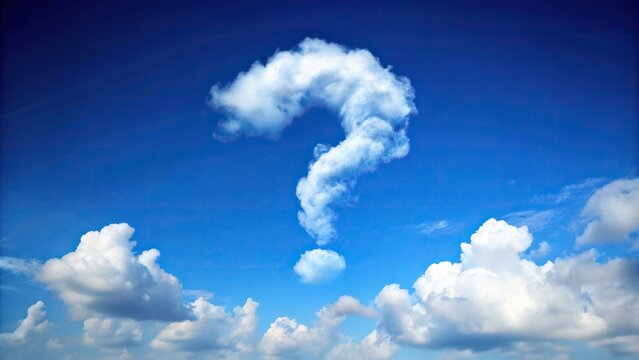 Cloud shaped like a question mark in a bright blue sky panorama