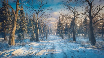 Sunny Forest Road Amidst White Snow. Snowy winter road through a fairy tale snowy landscape on a sunny winter day