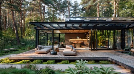 Obraz premium Modern Glass House with Wooden Deck and Lush Greenery